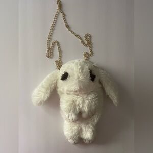 White and Gold Plush Bunny Keychain with Floppy Ears